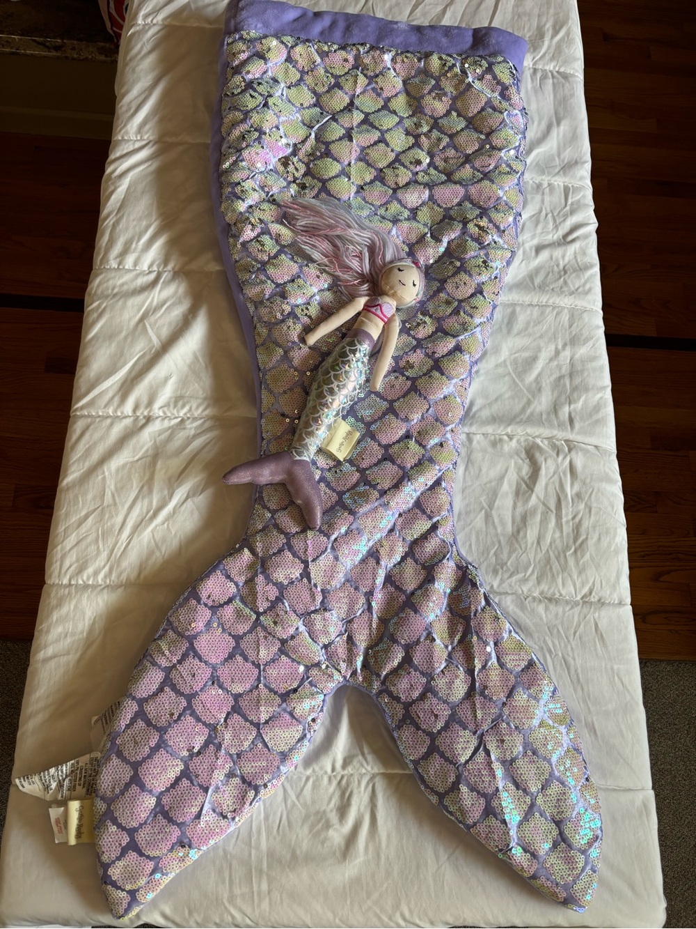 Sequin Mermaid Tail Blanket with doll in Lavender and Iridescent Cynthia Rowley